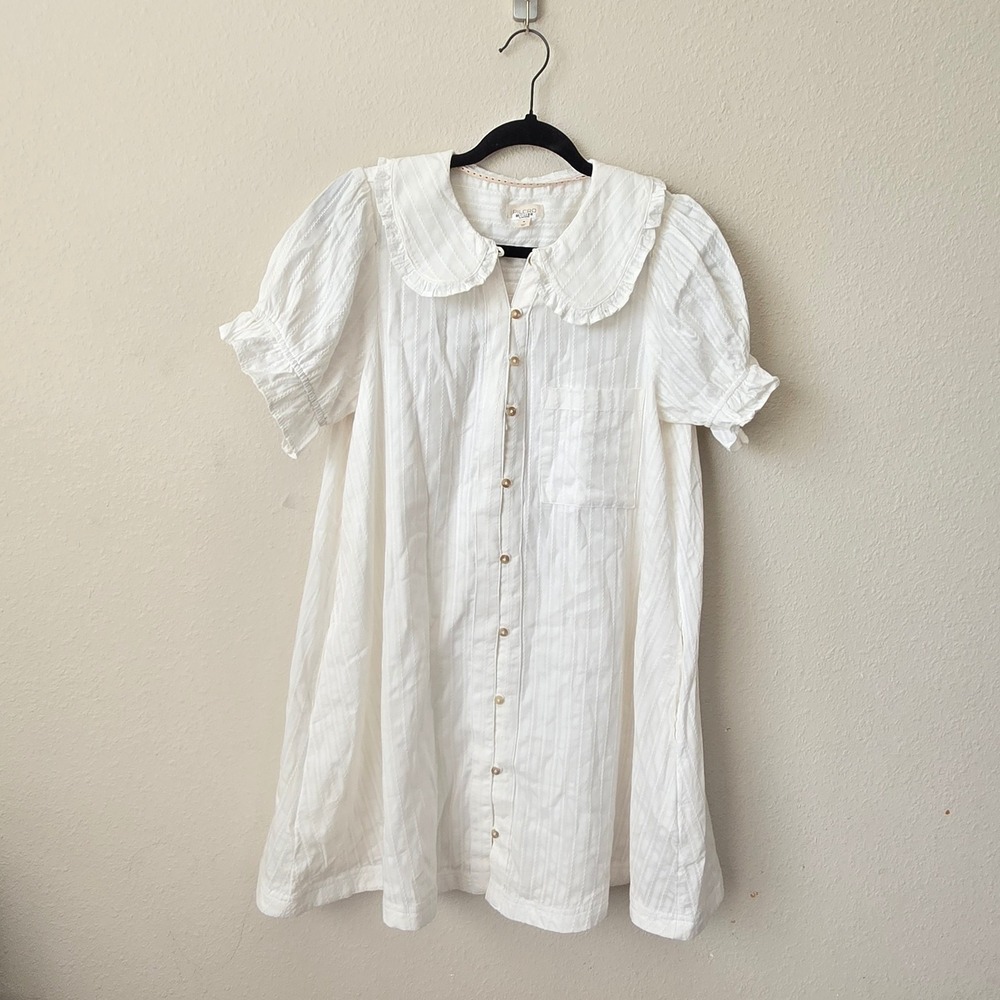 Pilcro Anthropologie White Dobby Stripe Peter Pan Collar Mini Babydoll Dress M